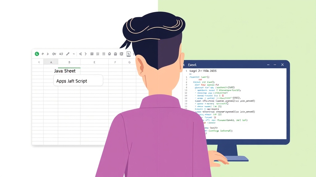 Google Apps Script와 Excel VBA의 차이점을 시각적으로 비교하는 다이어그램. 각 플랫폼의 코드와 대표 아이콘이 명확하게 구분됨.