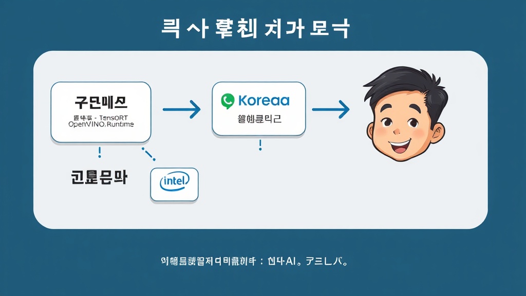 AI 모델의 입력 데이터가 추론 엔진과 하드웨어 가속기를 거쳐 최적화된 출력으로 이어지는 기술 다이어그램.