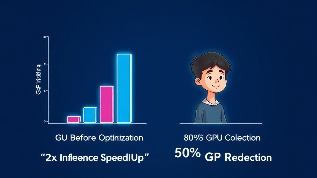 AI 모델 최적화 전후의 GPU 비용을 비교하는 막대 그래프와 추론 속도 및 비용 절감 효과를 강조하는 텍스트.