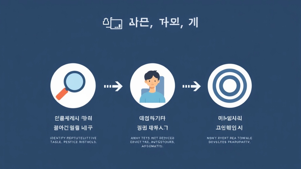 AI 자동화 기회 발굴 3단계 프로세스 (반복 업무 식별, 효과 정량화, 우선순위 설정)를 시각적으로 보여주는 다이어그램