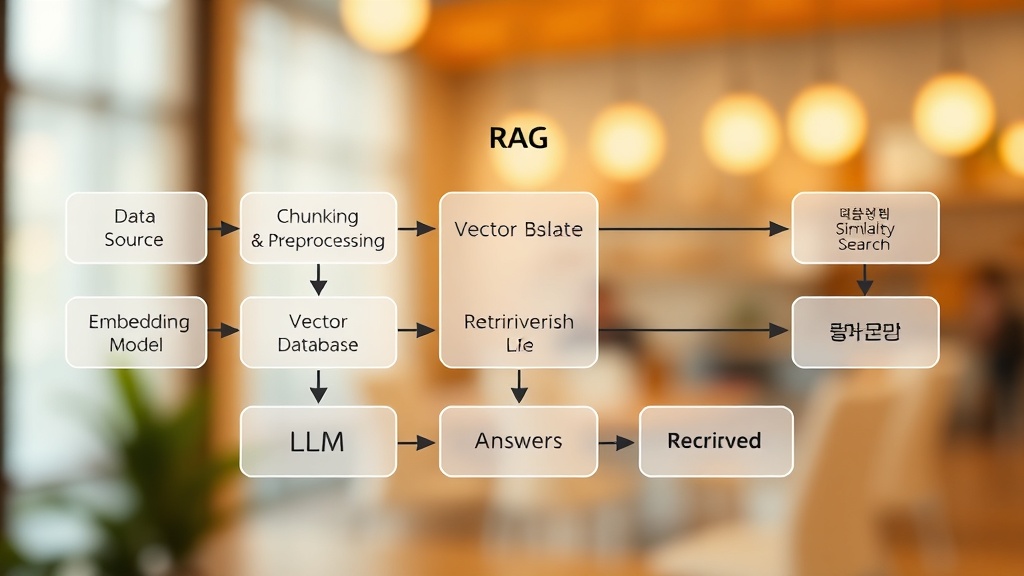 RAG(Retrieval-Augmented Generation) 기반 LLM 시스템의 데이터 흐름과 주요 구성 요소를 보여주는 아키텍처 다이어그램