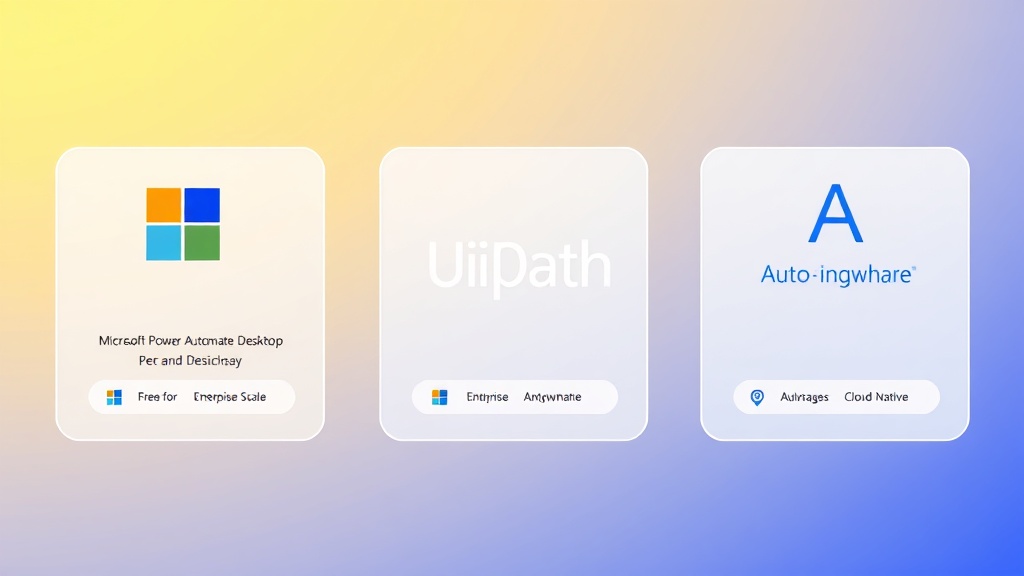 Microsoft Power Automate Desktop, UiPath, Automation Anywhere RPA 툴 3대장의 로고와 주요 특징을 시각적으로 비교하는 카드형 일러스트