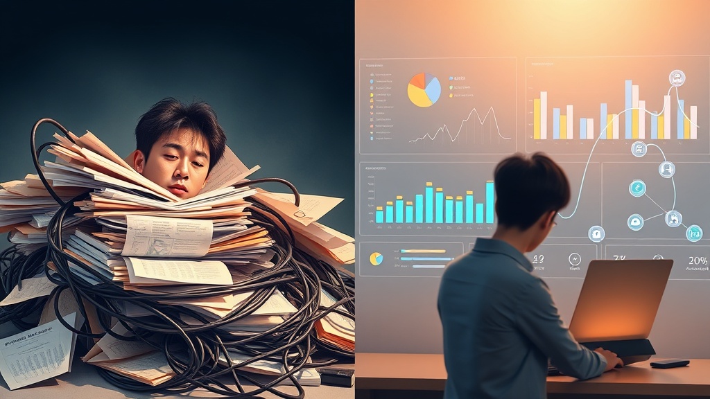 수동 보고서 작업의 혼란과 자동화된 보고서의 효율성을 대비하여 보여주는 개념 일러스트