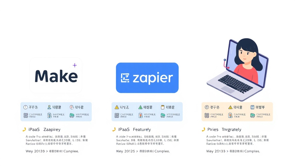 Make, Zapier, Integrately 세 가지 iPaaS 툴의 주요 특징과 가격, 적합 대상을 비교하는 시각적인 표