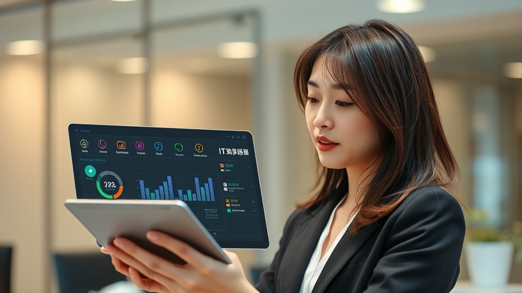 AI 기반 ITAM 대시보드를 태블릿으로 확인하는 한국인 IT 관리자 여성의 모습