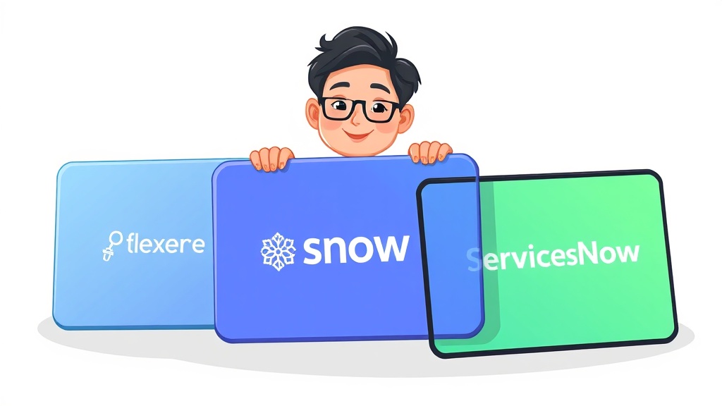 Flexera One, Snow Software, ServiceNow SAM Pro 로고와 핵심 기능을 시각화한 3개의 카드 일러스트