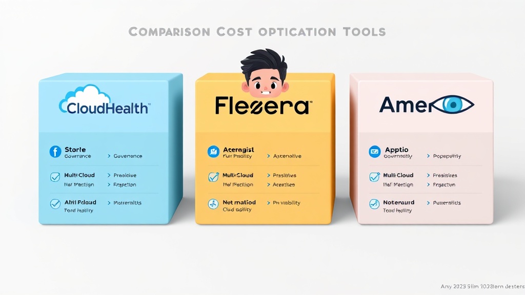 CloudHealth, Flexera One, Apptio Cloudability 등 3가지 AI 클라우드 비용 최적화 툴의 핵심 기능과 강점을 비교하는 카드 형식의 일러스트