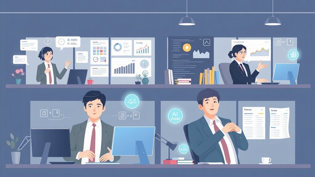 다양한 산업 분야(고객 서비스, 마케팅, IT, 재무)의 한국인 전문가들이 AI 에이전트를 통해 업무를 효율화하고 생산성을 높이는 모습을 묘사한 일러스트