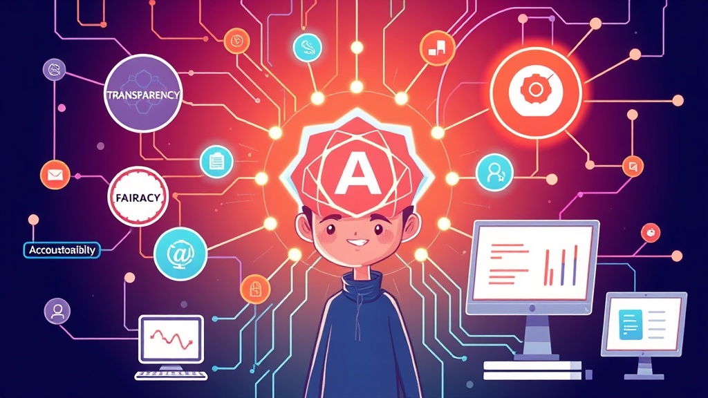 책임감 있는 AI 거버넌스의 투명성, 공정성, 책임성을 상징하는 추상적인 일러스트