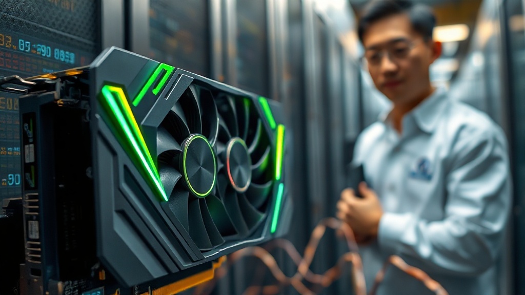고성능 GPU 카드가 효율적인 데이터 흐름을 보여주는 추상적인 빛과 함께 빛나고 있으며, 흐릿한 데이터 센터 배경에 한국인 기술자가 멀리서 지켜보고 있는 모습