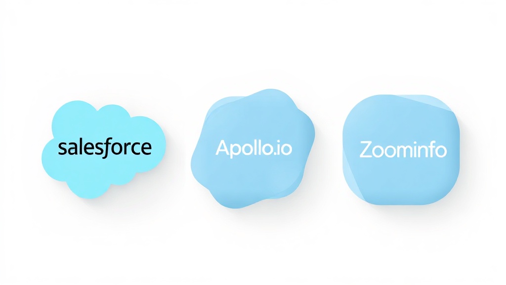 Salesforce, Apollo.io, ZoomInfo의 주요 기능을 나타내는 3개의 카드형 로고가 테이블 위에 배열되어 비교되는 모습