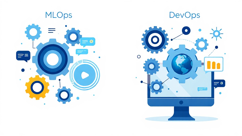 DevOps와 MLOps의 차이점을 추상적으로 시각화한 일러스트레이션