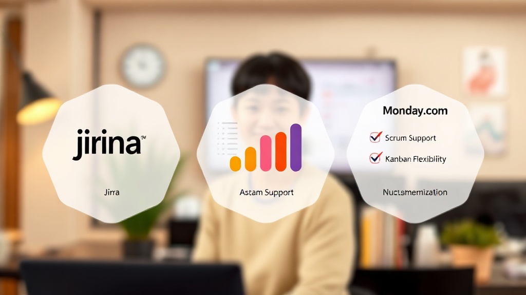 Jira, Asana, Monday.com 각 툴의 특징을 시각적으로 비교하는 스타일리시한 카드 일러스트