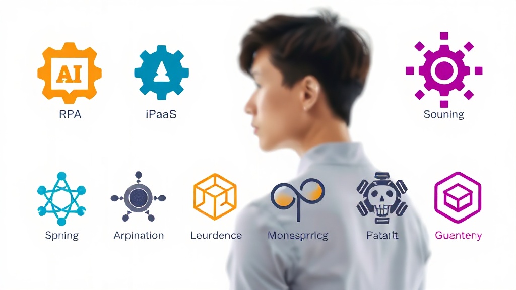 RPA, iPaaS, LLM 에이전트 등 다양한 AI 자동화 툴의 특징을 시각적으로 비교한 일러스트