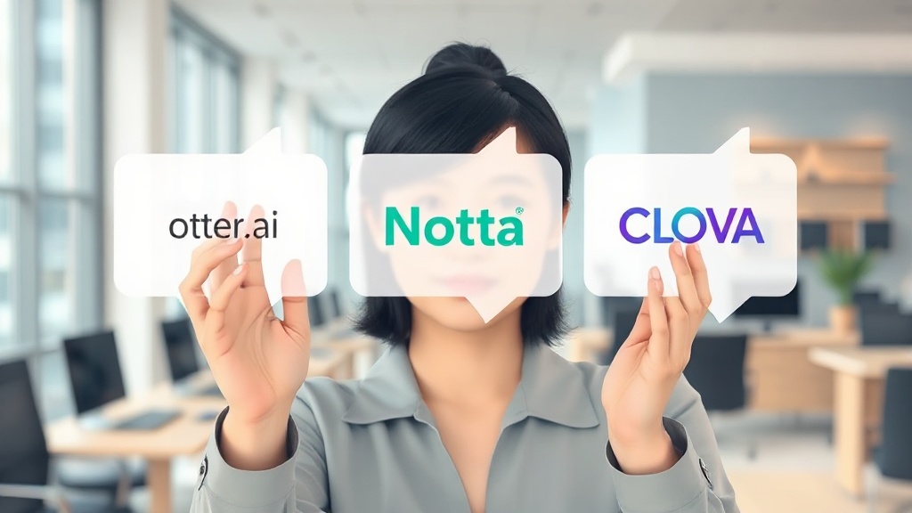 Otter.ai, Notta, CLOVA Note 등 세 가지 AI 회의록 툴 중 하나를 선택하는 손의 모습과 추상적인 비교 시각화