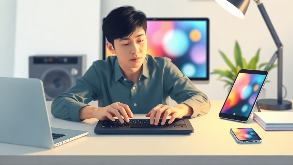 AI 회의록 툴 활용으로 효율적인 업무를 진행하는 한국인 전문가의 현대적인 데스크 세팅