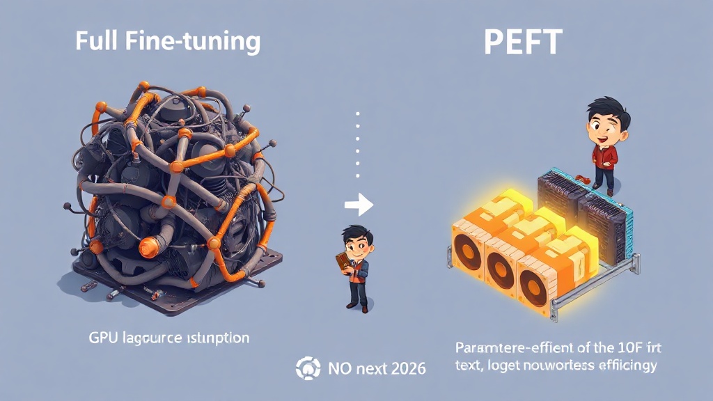 풀 파인튜닝과 PEFT(Parameter-Efficient Fine-Tuning)의 자원 효율성 차이를 보여주는 개념도
