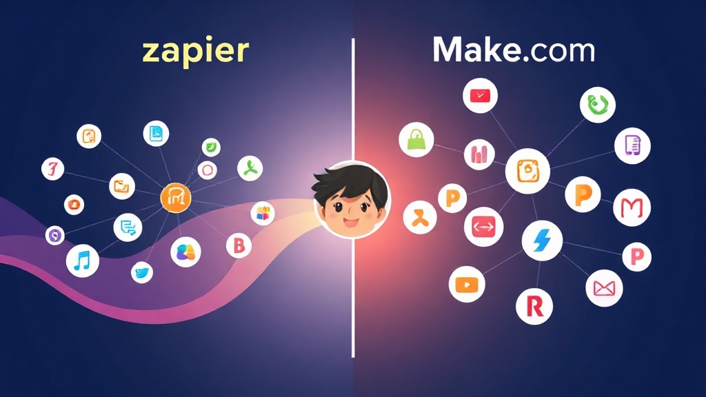 Zapier와 Make.com의 특징을 시각적으로 비교한 추상적인 인포그래픽