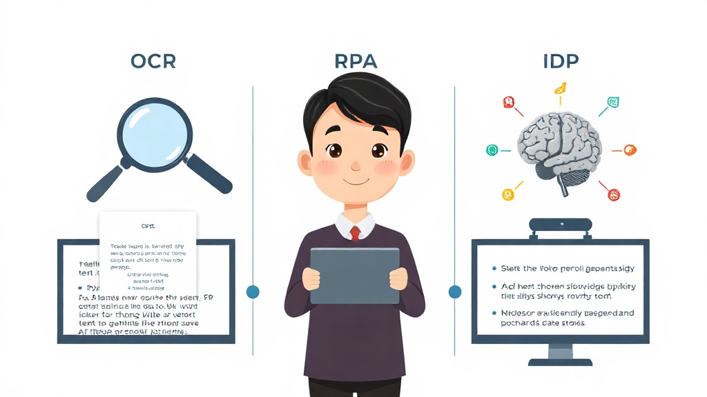 기존 OCR, RPA, IDP의 차이점을 시각적으로 비교한 인포그래픽