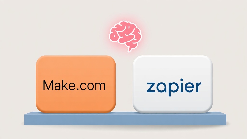 Make.com과 Zapier 로고가 있는 두 개의 카드와 그 위에 떠 있는 LLM 아이콘의 비교 시각화