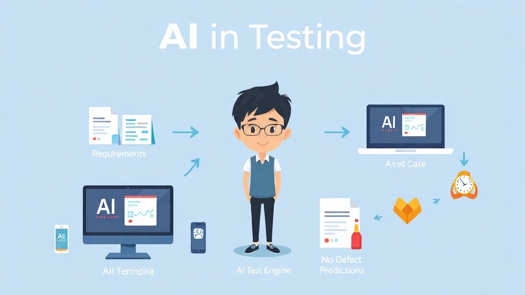 AI 기반 테스트 자동화의 핵심 원리를 보여주는 다이어그램: AI 엔진이 데이터를 처리하고 테스트를 생성하는 과정