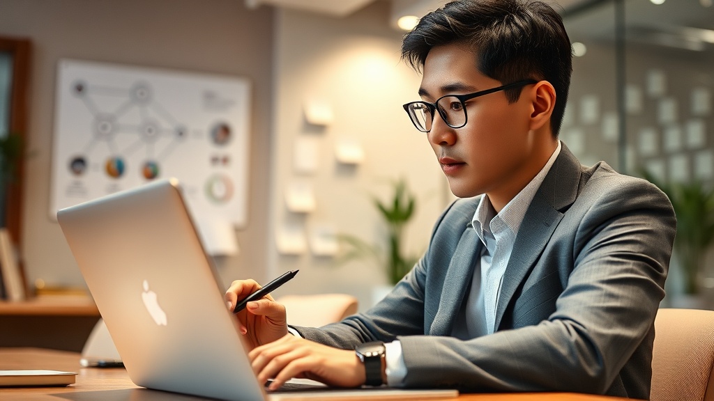 노트북 화면 속 추상적인 데이터 시각화를 보며 커스텀 AI 워크플로우를 구상하는 한국인 사업가