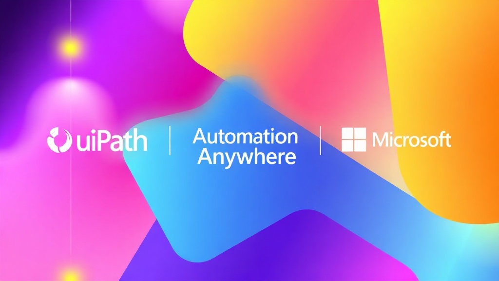 UiPath, Automation Anywhere, Microsoft Power Automate 로고들이 디지털 인터페이스 위에서 통합되어 자동화되는 모습