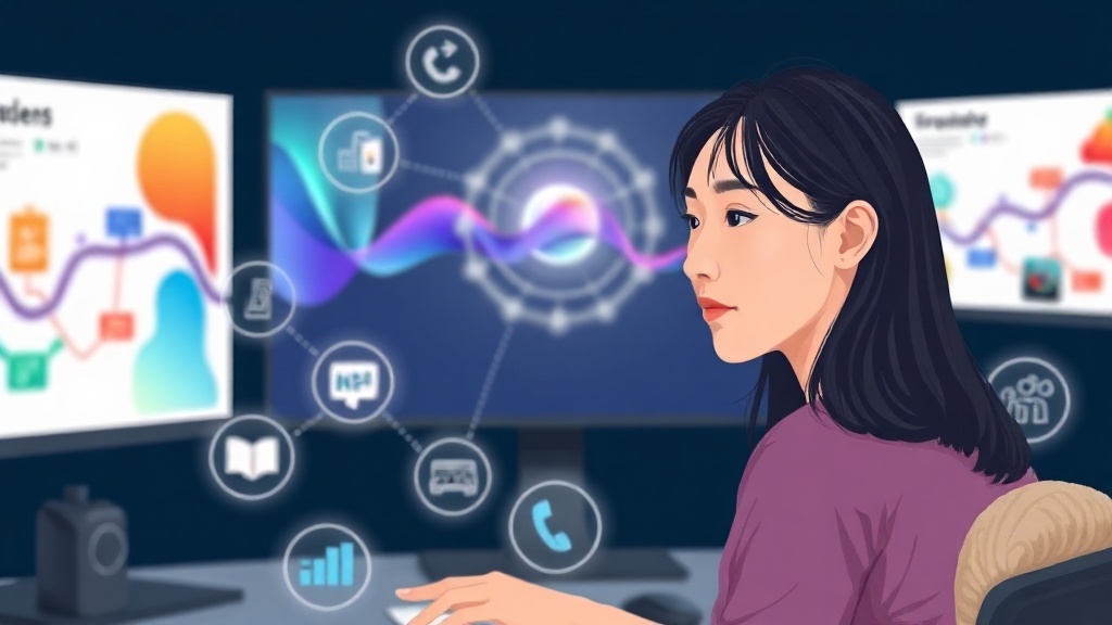 Medallia의 통합 고객 경험 관리 플랫폼을 상징하는, 다양한 고객 접점이 연결된 추상적인 데이터 허브와 한국인 매니저