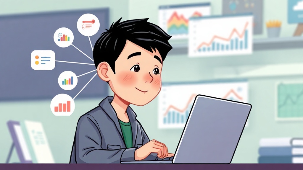 Qualtrics의 설문조사 및 경험 데이터 분석 강점을 보여주는, 설문 문항들이 분석 엔진으로 모여 인사이트를 도출하는 일러스트와 한국인 연구원