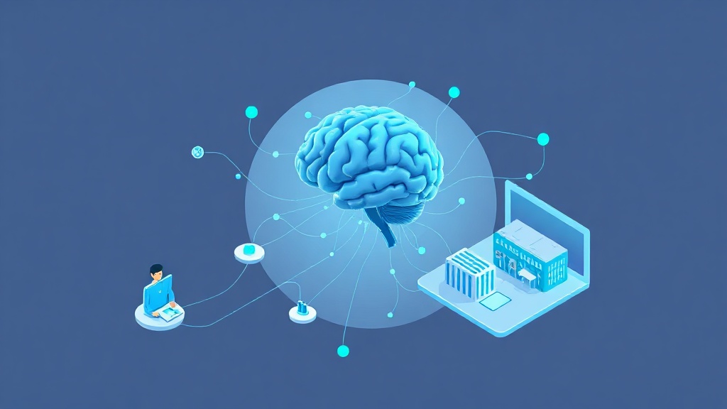AI 두뇌가 물리적 공장과 가상 3D 모델을 연결하며 데이터를 분석하고 동기화하는 개념적 일러스트