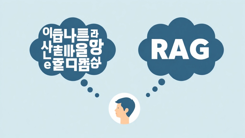 LLM 아이콘 위에 환각 현상(혼란스러운 텍스트)과 RAG 솔루션(외부 문서에서 유입되는 구조화된 데이터)을 시각적으로 대비시킨 일러스트