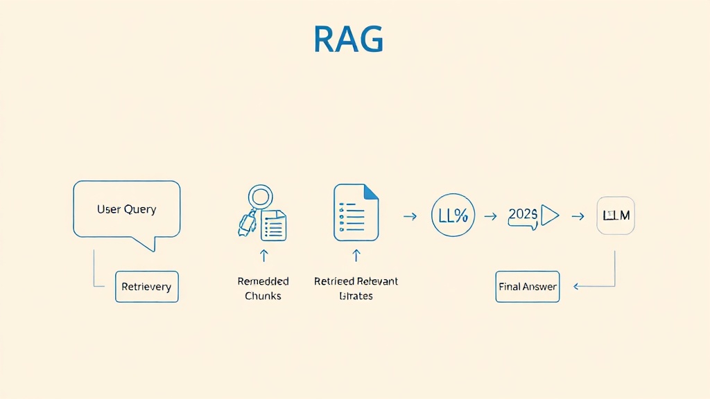 사용자 질문부터 LLM의 최종 답변까지, RAG(검색 증강 생성) 애플리케이션의 5단계 작동 원리를 보여주는 다이어그램 일러스트