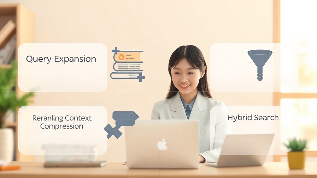 쿼리 확장, 리랭킹, 컨텍스트 압축, 하이브리드 검색 등 RAG 성능 최적화를 위한 4가지 고급 기법을 추상적인 아이콘으로 표현한 시각 자료