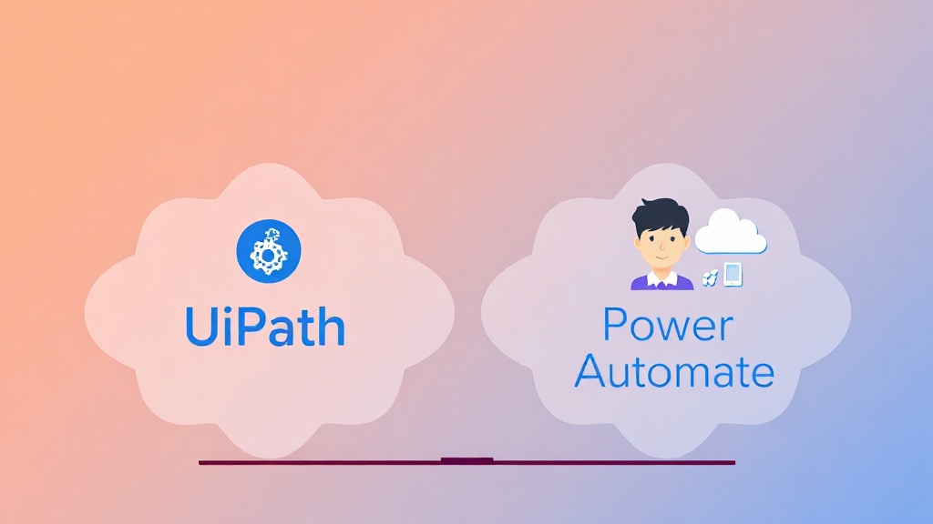 UiPath와 Power Automate 로고가 있는 두 개의 카드 비교 일러스트, 각 카드에는 핵심 기능 아이콘이 표시되어 선택을 암시함