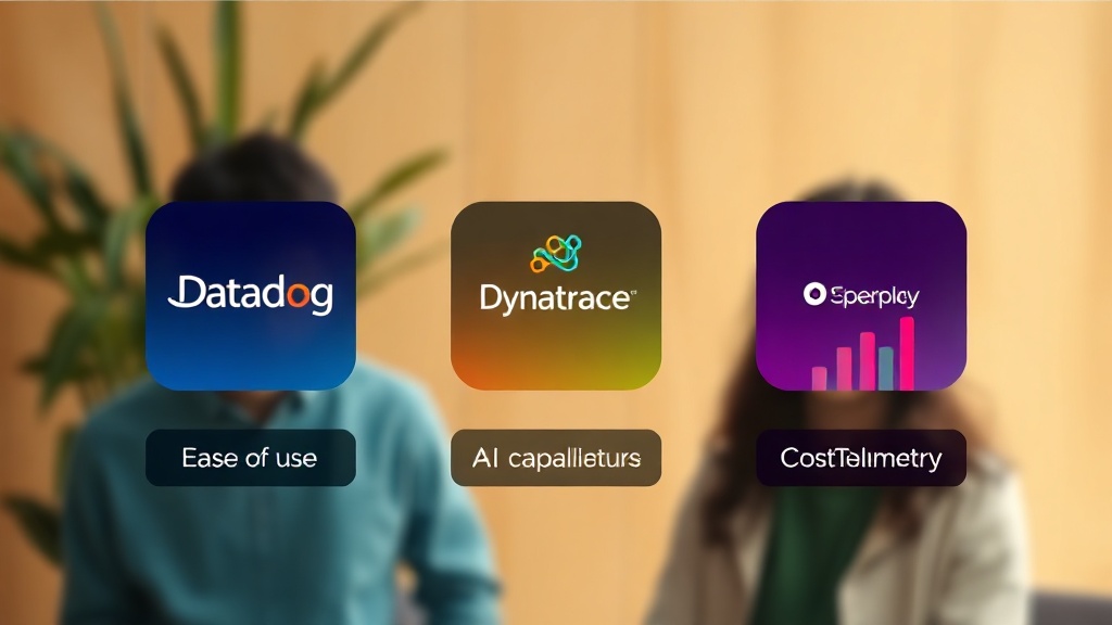 Datadog, Dynatrace, OpenTelemetry 로고가 있는 세 개의 카드. 각 카드 아래에는 사용 편의성, AI 기능, 비용 효율성을 시각적으로 비교하는 추상적인 그래프가 그려져 있다.