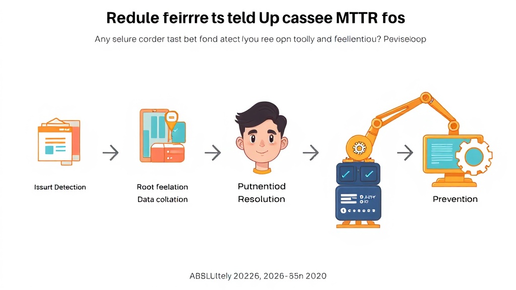옵저버빌리티 툴을 활용한 MTTR 단축 5단계 워크플로우 다이어그램. 문제 감지부터 데이터 상관관계 분석, 근본 원인 분석, 자동화된 해결, 예방 및 최적화까지의 흐름을 보여준다.