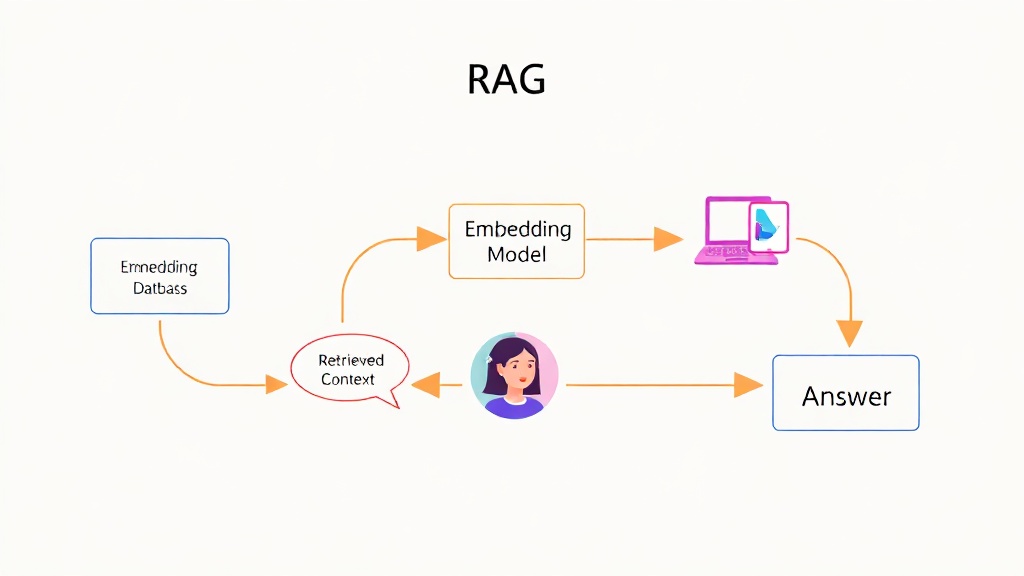 사용자 질문, 임베딩 모델, 벡터 데이터베이스, LLM, 답변으로 이어지는 RAG 시스템 워크플로우를 보여주는 다이어그램