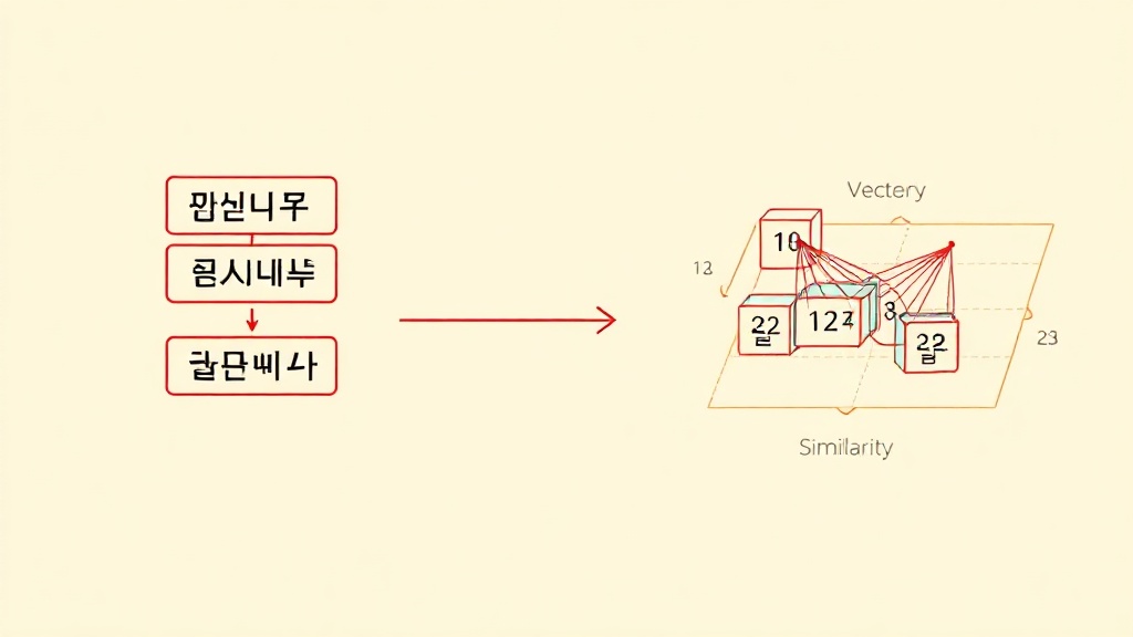 한국어 텍스트가 임베딩 모델을 통해 숫자 벡터로 변환되고, 유사한 벡터들이 공간에 배치되는 과정을 시각화한 다이어그램