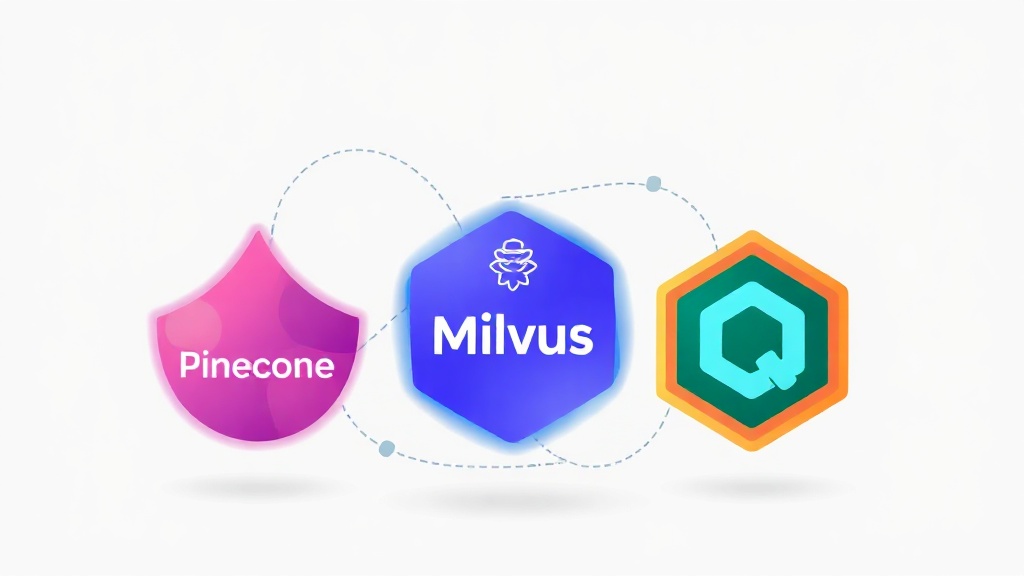 Pinecone, Milvus, Qdrant 세 가지 벡터 데이터베이스의 로고와 상징이 비교 구도로 배치된 현대적인 일러스트