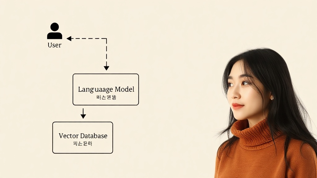 사용자 애플리케이션, LLM, 벡터 데이터베이스 및 지식 기반의 상호작용을 보여주는 RAG 시스템 아키텍처 다이어그램