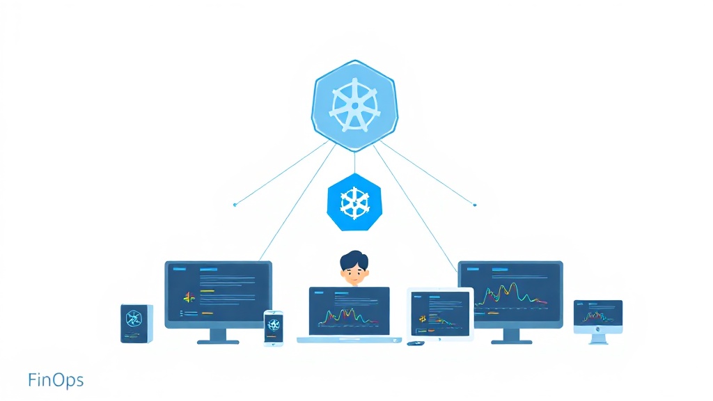 Kubernetes 클러스터에서 FinOps 기어를 통해 비용이 최적화되는 과정을 묘사한 개념 일러스트