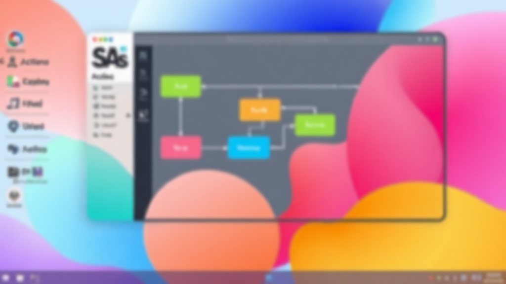 Power Automate Desktop 플로우 디자이너 인터페이스의 추상적인 표현. 화면 내용은 흐릿하게 처리되어 자동화 흐름의 구조만 시각적으로 전달