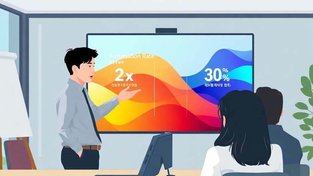 AI 오케스트레이션 도입 후 업무 자동화율 2배, 의사결정 지원 30% 향상을 나타내는 대시보드를 보는 한국인 팀원들