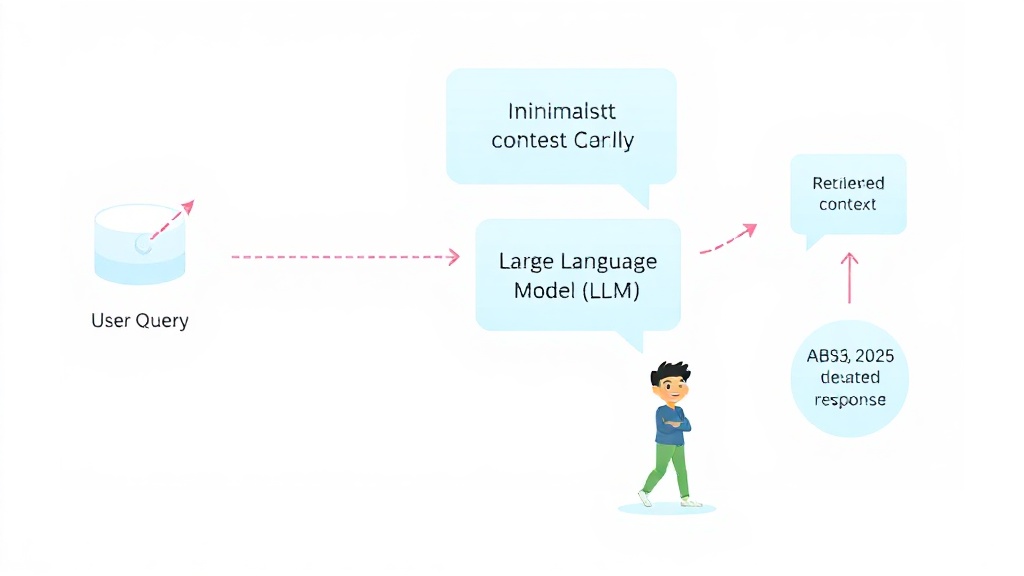 사용자 질의에서 AI 생성 답변까지 이어지는 RAG(Retrieval Augmented Generation) 시스템의 추상적인 기술 흐름도