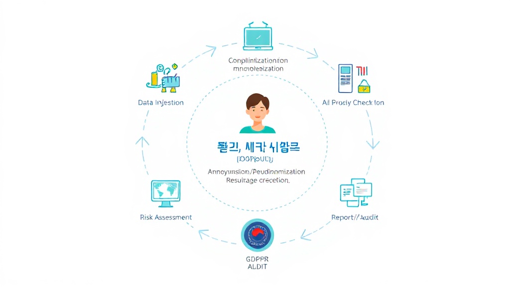 AI 기반 데이터 처리 및 규제 준수(GDPR, 국내 개인정보 보호법) 워크플로우를 보여주는 개념 다이어그램