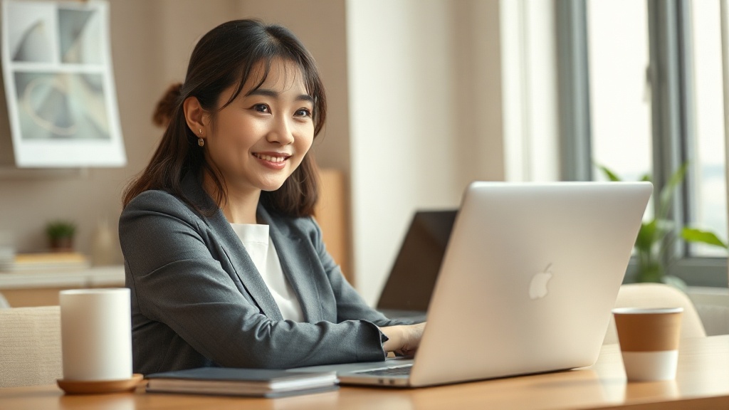 퇴근 시간을 앞당겨 만족스럽게 노트북을 닫는 한국인 직장 여성
