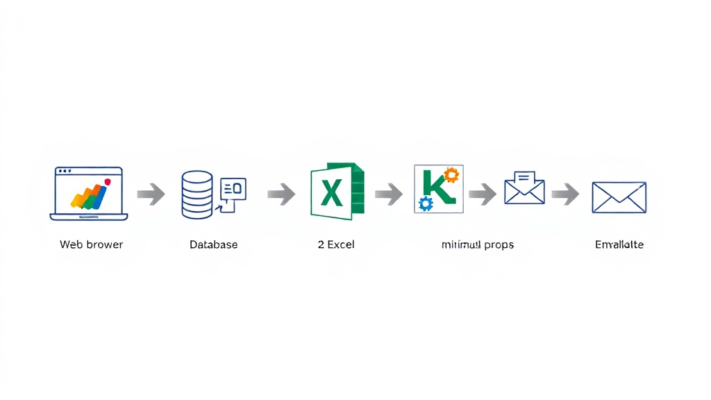 웹 데이터 추출부터 엑셀 입력, 데이터 가공, 보고서 생성 및 발송까지 Power Automate Desktop의 5단계 자동화 흐름 다이어그램