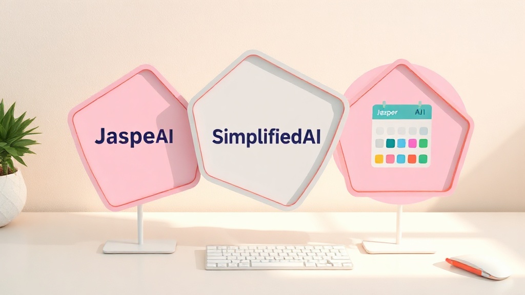 Jasper AI, Simplified, Buffer AI 로고와 기능 아이콘이 있는 세 가지 비교 카드 이미지