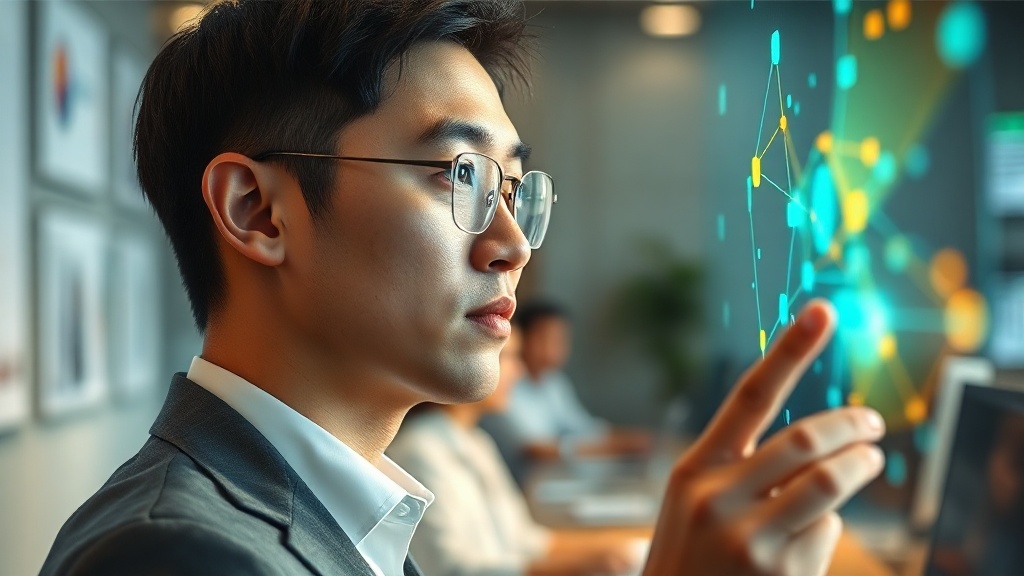 한국인 사업가가 홀로그램 인터페이스의 데이터 노드를 보며 기업 AI 전략을 고민하는 모습