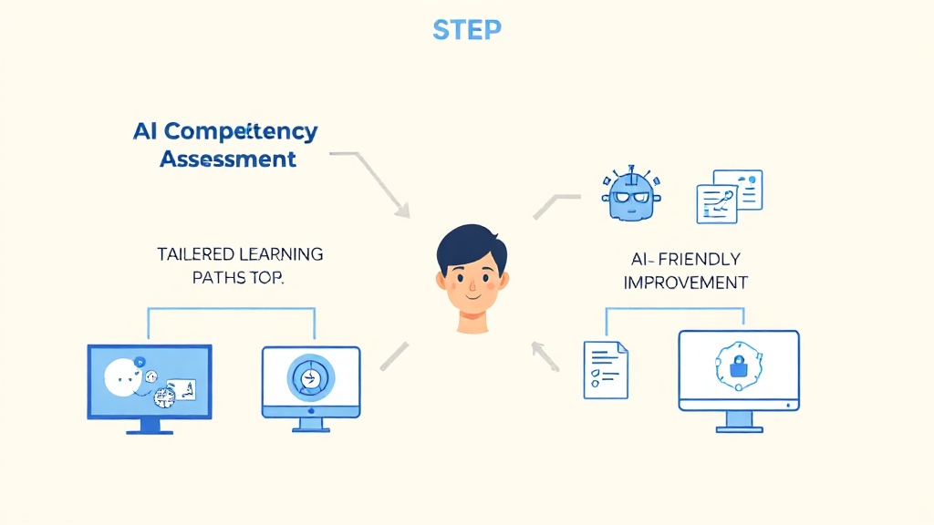 AI 인재 역량 개발의 5단계를 시각적으로 표현한 다이어그램: 역량 진단부터 지속적 개선까지